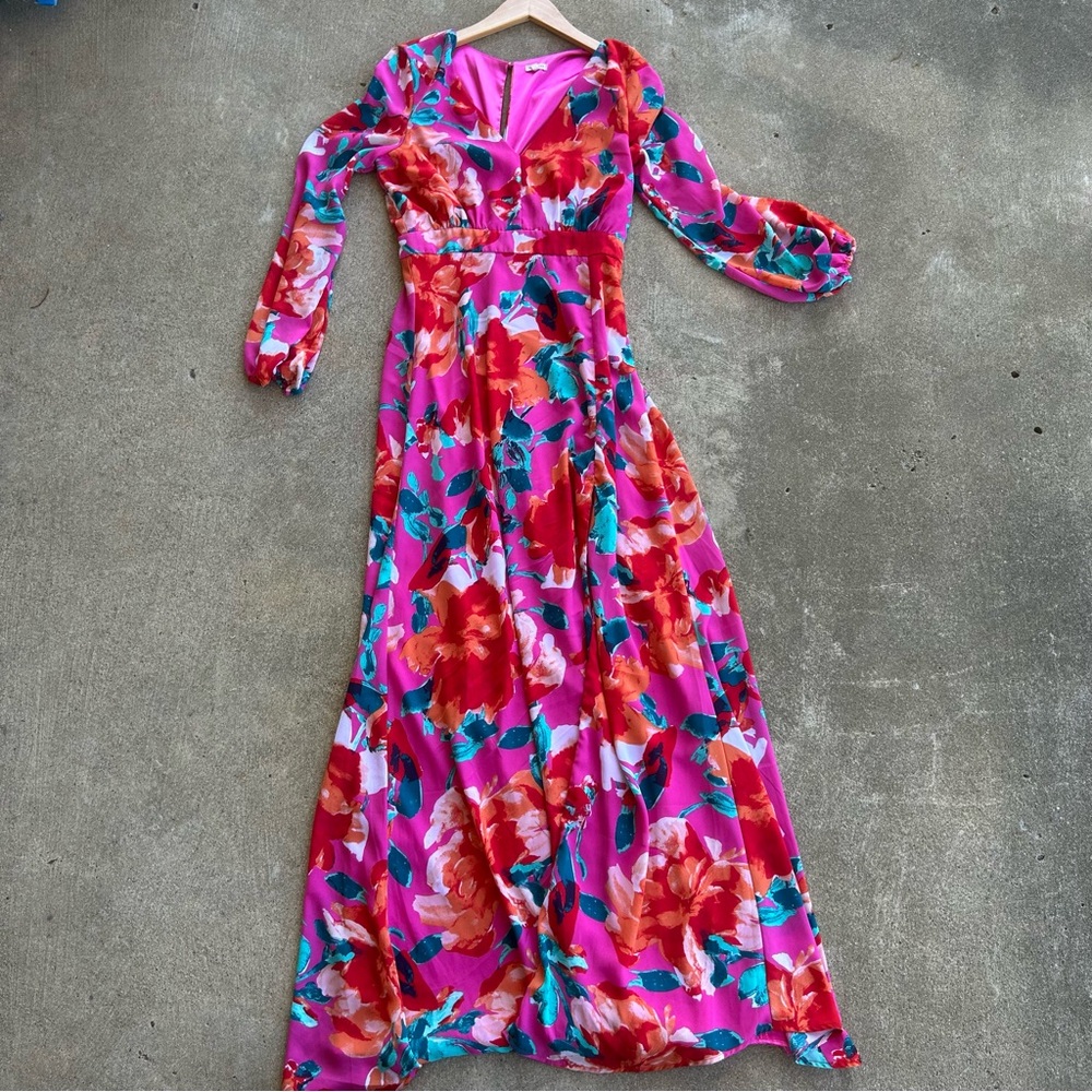 En Creme Sophie Dress Floral Maxi Side Slit Long Sleeve S Small Vibrant - Picture 3 of 8